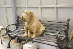 Yale University custom bulldog on bench mascot